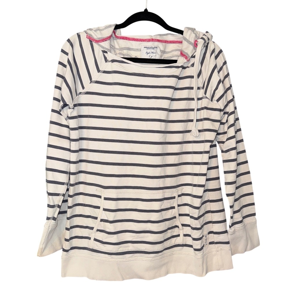 American Eagle Hoodie Nautical Coastal Striped Eagle Fleece Womens L White Gray